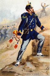 G: Voetjager. Gravure in "Alphabet militaire". Initialen van de illustrator: A. D. Onbekende uitgever. Chromolithografieën eind 19e eeuw.