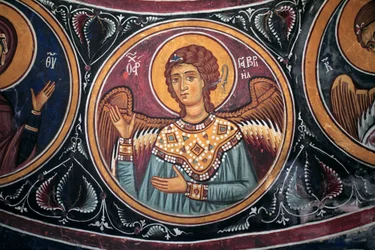 Gabriël Aartsengel Medaillon rond Christus en het Laatste Oordeel (detail) Byzantijnse fresco uit de Nathex gewelf van de kerk van Asinou Laatste oordeel scène 14e eeuw (1332) UNESCO, werelderfgoed Troodos regio, Cyprus