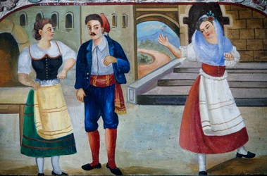 Galant tafereel met verklede personages, schilderij op houten paneel, Siciliaans handwerk, Sicilië (detail)