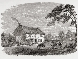 Geboorteplaats van George Stephenson. Een 18e-eeuws stenen huisje, het huis van George Stephenson, Wylam, Northumberland, Engeland, hier gezien in de 19e eeuw. Uit Great Engineers, gepubliceerd ca. 1890