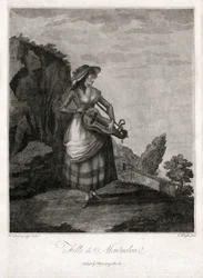 Meisje uit Montmelian, in Gironde, die het oude wiel speelt (gravure)