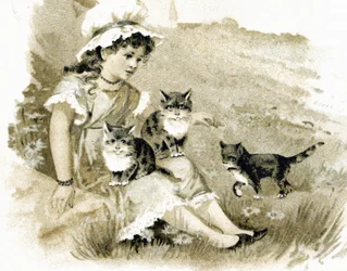 Meisje keert terug met katten op haar schoot. Ansichtkaart rond 1900. Chromolithografie