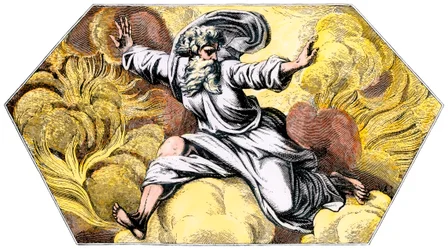 God die hemel en aarde schept - Gekleurde gravure 19e eeuw, uit de Loggia (Logge) van het Vaticaan (Italië) door Raphael (Raffaello Sanzio)