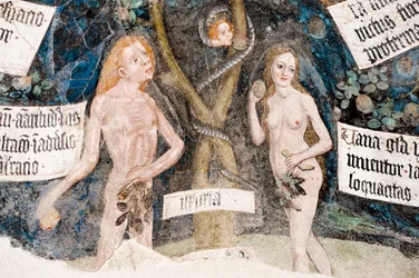 Gotische fresco; Adam en Eva zondigen; met de slang; 8. Klooster; Kathedraal; Brixen; Zuid-Tirol; Italië; Europa