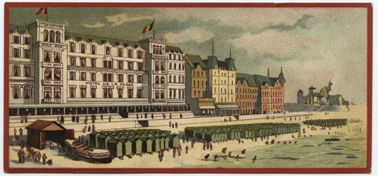 Grand hotels: buitenaanzicht van het Hotel de la Plage in Oostende, België - Kaart van een serie die de hotels van de 