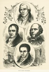 Grote ingenieurs en uitvinders: James Watt, John Ericsson, Robert Fulton, Richard Trevithick, ca. 1880