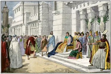 Griekse en Romeinse mythologie: Didon (of Elisha of Elissa), legendarische stichter en eerste koningin van Carthago (Tunesië), ontvangt Enee, de held van de Trojaanse Oorlog en stichter van Lavinium, oorspronkelijk uit Rome (Italië) - Kleurgravure 19e eeuw