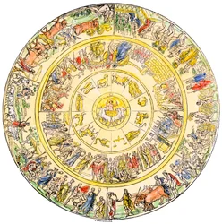 Griekse mythologie: het schild van Achilles, held van de Trojaanse Oorlog - Kleurgravure 19e eeuw