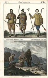 Groenlandse bewoners in huiden en een Inuit uit Labrador (Canada) met een drietand. Hieronder een dagelijks tafereel van het leven van een Inuit-familie voor een iglo, een tent en een kano, Noord-Amerika. Lithografie voor het boek: “Galerie complete en tab