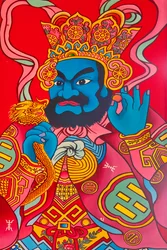 Bewakersfiguren in de Chinese Fukinese Tempel, Yangon, Myanmar, Azië (foto)