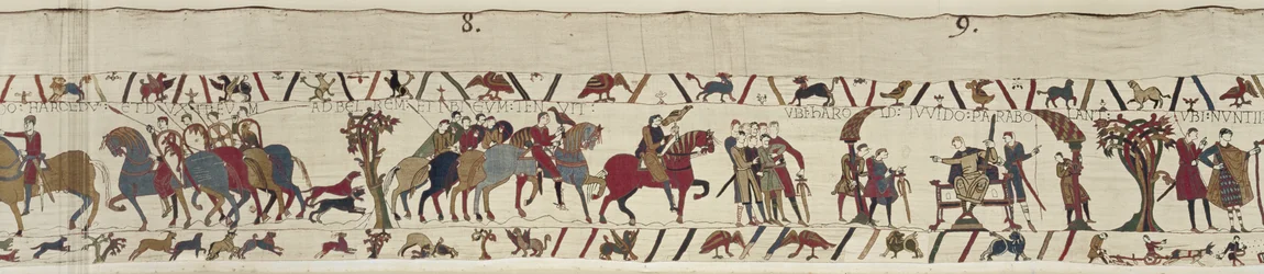 Guy van Ponthieu neemt Harold gevangen naar het kasteel van Beaurain, Bayeux Tapestry
