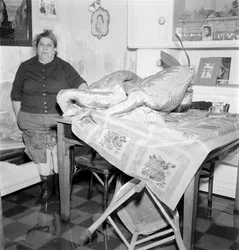 Hoogwater in Venetië (acqua alta of overstromingen): een bewoner in haar huis. Venetië 1962