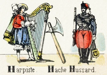 H - Harpist Bijl Huzaren - Alfabet - Kindervermaak - Beeld van Epinal, populaire serie ca. 1890 (illustratie)