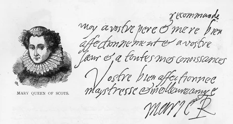 Handschrift en handtekening van Mary Queen of Scots uit een brief geschreven in de gevangenis in Sheffield aan haar petekind, Elizabeth Pierrepoint