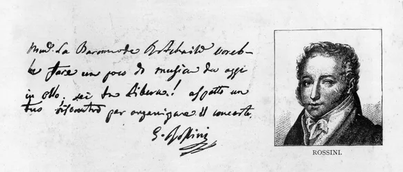 Handschrift en handtekening van Rossini uit een brief voor een concert voor Baronne de Rothschild
