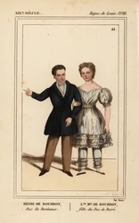 Henry, Graaf van Chambord, Hertog van Bordeaux en Louise Marie Therese van Artois, dochter van de Hertog van Berry. Handgekleurde lithografie door Madame Calon uit Le Bibliophile Jacob aka Paul Lacroix