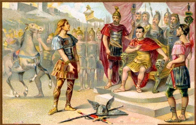 Geschiedenis. Oud Rome. Vercingetorix (leider van een Gallische stam: de Averni) geeft zich over aan Julius Caesar in Alesia, 52 v.Chr. Beeld, Frankrijk, ca. 1900.