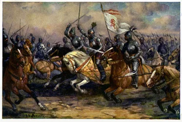 Geschiedenis. Frankrijk. Honderdjarige Oorlog. De koning Jan van Bohemen (Jan de Blinde) in de Slag bij Crecy, 26 augustus
