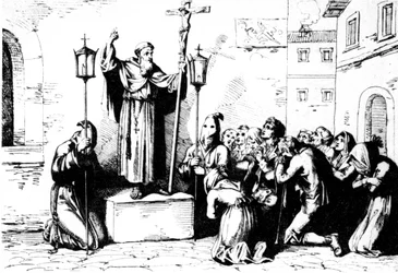 Geschiedenis van het oude Rome. Een monnik preekt voor de mensen op een plein in Rome. Bartolomeo Pinelli gravure XIX eeuw