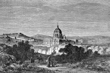 Geschiedenis van het oude Rome. Rome gravures van 1872 Sint-Pietersbasiliek en de Vaticaanse paleizen