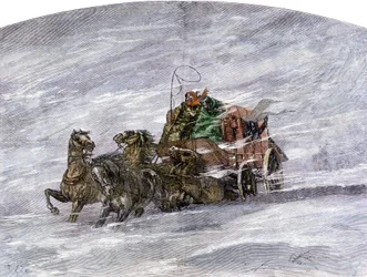 Geschiedenis van de kolonisten en de verovering van het Westen: Amerikaanse pioniers. Diligence in een weide midden in een sneeuwstorm