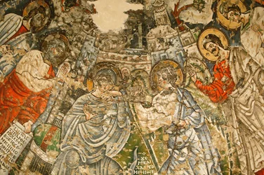 Heilige Maagd en Sint Jan Kame koptisch klooster: 9e eeuw fresco: De aankondiging. Maria is omringd door profeten Mozes, Jesaja, Ezechiël en Daniël. Egypte