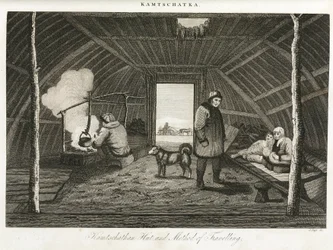 Hut van Kamtsjatka (verre oostelijke schiereiland van Rusland) en transport slee, circa 1810