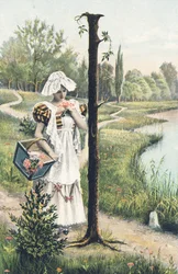 I : Een vrouw in een jurk, schort en kapje houdt een mand op haar rechterarm. Landelijke omgeving - Alphabet personages Ref Th. E., L. Theochrom - Serie 994. Theodor Eisman, uitgever, Leipzig