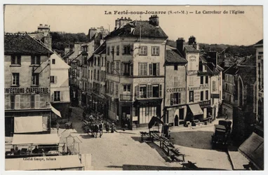 Ile de France, Seine et Marne (77), Ferte-sous-Jouarre: het kruispunt van de Kerk - Ansichtkaart eind 19e-begin 20e eeuw
