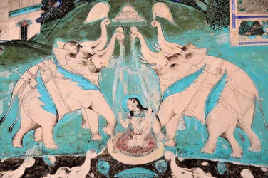 India, Rajasthan, BUNDI: Chitra Shala Paleis fresco (18e & 19e eeuw) (foto)