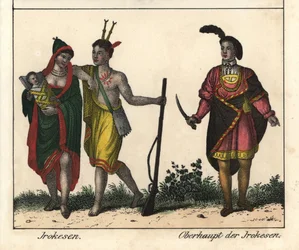 Irokezen, een paar met een baby, de man met het geweer heeft een getatoeëerd lichaam, en het stamhoofd. Lithografie voor het boek ‘Galerie complète en tableaux fidèles des peuples d