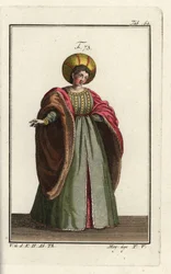 Italiaanse edelvrouw in hofkleding met bontgevoerde jas met volumineuze mouwen