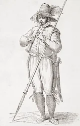 Italiaanse boer die dulzaina speelt, naar een 16e-eeuws werk van Cesare Vecellio, uit 