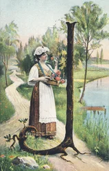J : Een vrouw in een lange rok, schort en lijfje draagt een mand met bloemen. Landelijke omgeving - Alphabet personages Ref Th. E., L. Theochrom - Serie 994. Theodor Eisman, uitgever, Leipzig