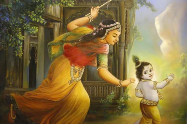 Jalaram Prathna hindoetempel, Leicester. Fresco. Yashoda en Krishna. Verenigd Koninkrijk