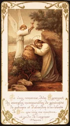 Jezus knielend in gebed in de Hof van Getsemane, een engel presenteert hem een kelk. Begin 20e eeuw (ansichtkaart)