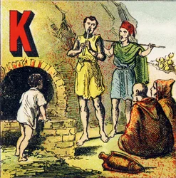 K : Kabylie. Kabylie is een land in Afrika. Het wordt bewoond door Kabyles - Gravure uit Alphabet geographique. Guerin-Muller et Cie, uitgevers, Parijs