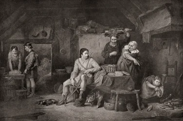 Koning Alfred in het huisje van de veehouder. Alfred de Grote, ca. 848-899. Koning van Wessex. De legende vertelt hoe Alfred, toen hij naar de Somerset Levels vluchtte, onderdak kreeg van een boerenvrouw die, onwetend van zijn identiteit, hem achterliet om