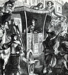 Koning Karel I door de menigte na de mislukte poging om de vijf parlementsleden John Pym, John Hampden, Denzil Holles, William Strode en Arthur Haselrig te arresteren op 4 januari 1642. 19e eeuw (gravure uit 