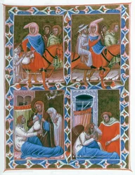 Ridder van Lyon naar Compostela, neemt een oude vrouw en een zieke man mee. Christus en daarna St. Jacques verschijnen aan de stervende ridder