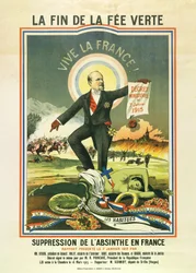 Het einde van de groene fee, lithografie bij het verbod op absint in Frankrijk in 1915