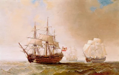 Het Spaanse schip San Hermenegildo tijdens de slag bij Trafalgar op 21/10/1805: Het stond tegenover de Frans-Spaanse vloot onder bevel van admiraal Villeneuve, tegen de Britse vloot onder bevel van vice-admiraal Nelson. Anonieme schilderij uit de 19e eeuw