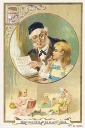 Lezen met grootvader. Reclamechromolithografie met in een cirkelvormige lijst een oudere persoon en een klein meisje naast deze persoon. Onderaan de afbeelding zit een klein meisje omringd door speelgoed. Uitgegeven door Compagnie Liebig, Parijs, eind 19e