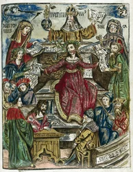 De takken van kennis 16e eeuw: elk vertegenwoordigd door verschillende persoonlijkheden: bovenaan, Aristoteles (384-322 v.Chr.) voor de filosofie en Seneca (Lucius Annaeus Seneca, 4 v.Chr.-65) voor de moraal