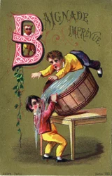 Letter B: Onverwacht baden. Gravure in "Alphabet des grotesques". Serie van 25 reclamechromolithografieën op een gouden achtergrond, eind 19e eeuw.
