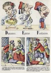 Letter D, E en F: danser, kruidenier en infanterie. Alfabet van het Oosterse Verhaal. Imaging van Epinal, circa 1890. Populaire serie.