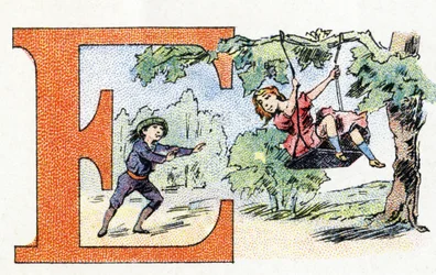 Letter E: Schommel. Alfabet van Phosphatine Falieres. Gravure. Brevete alfabet S.G.D.G. door apotheker Pierre Emile Falieres. Illustraties in chromolithografie, eind 19e eeuw.