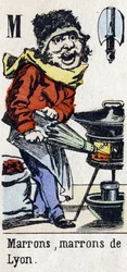 Letter M: "Bruin, Bruin van Lyon". Alfabet "Kinderplezier". Beeldvorming van Epinal, circa 1890. Populaire serie. Klein boekje van 8 pagina