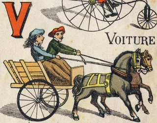 Letter V voor auto. Gravure in "ABC Toys". Epinal imaging in chromolithografie, circa 1890.