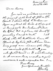 Brief van John Wesley aan Samuel Bradburn, waarin hij zijn sterke mening uitdrukt dat de Methodisten de Kerk van Engeland niet moeten verlaten, geschreven in Birmingham, 25 maart